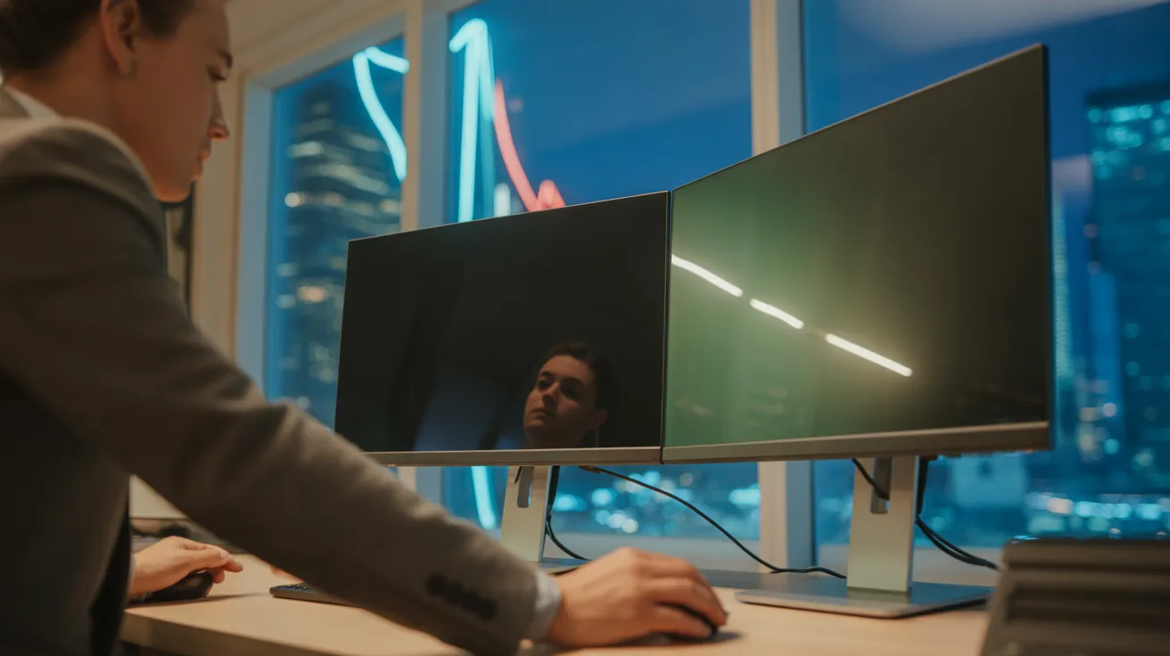 A person in a high-rise office at night has turned off one of their monitors, which now reflects the neon city lights from the window.