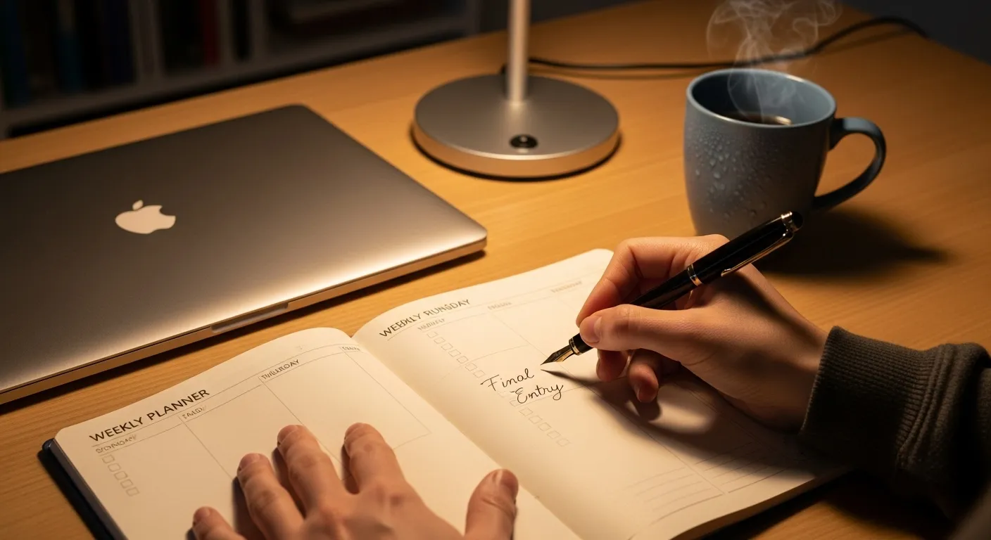 Close-up of a person's hands writing in a paper planner on a tidy desk, illuminated by a warm evening desk lamp.