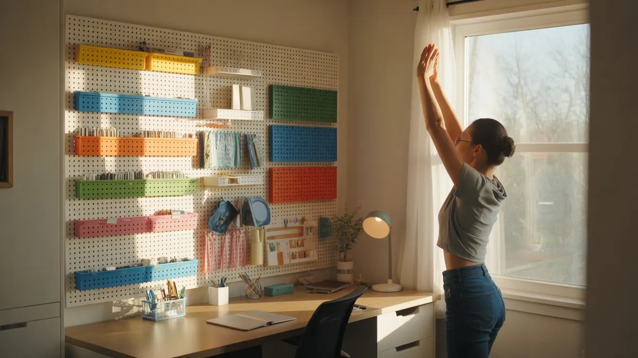 A woman stretches by a sunny window in her home office, which features a large, tidy pegboard organizer wall reflecting a visual planning system.