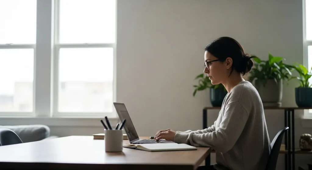 A woman with glasses works on a laptop at a tidy wooden desk in a sunlit room with plants.