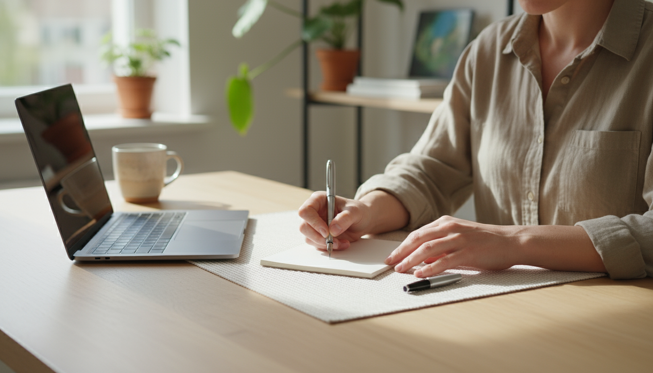 Knowledge worker standing at a large window, looking out at a distant cityscape, hands clasped, resting during a work break.