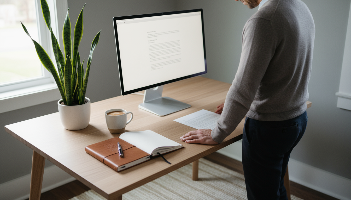 Over-the-shoulder view of a woman at a minimalist desk, a laptop displaying a new document with bullet points, and a focus timer.