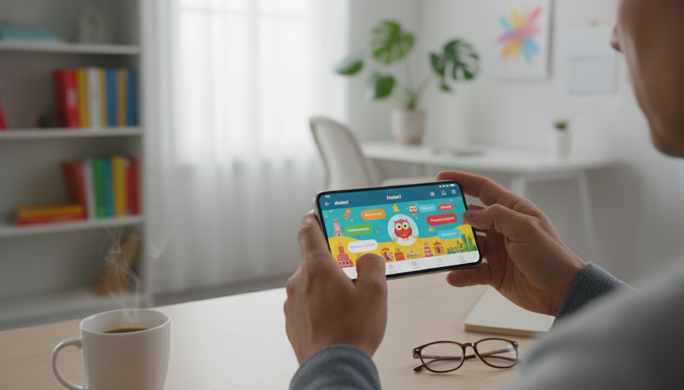 Close-up, overhead shot of hands tracing a specific, handwritten SMART goal in an open planner on a minimalist natural wood desk, with a digital task