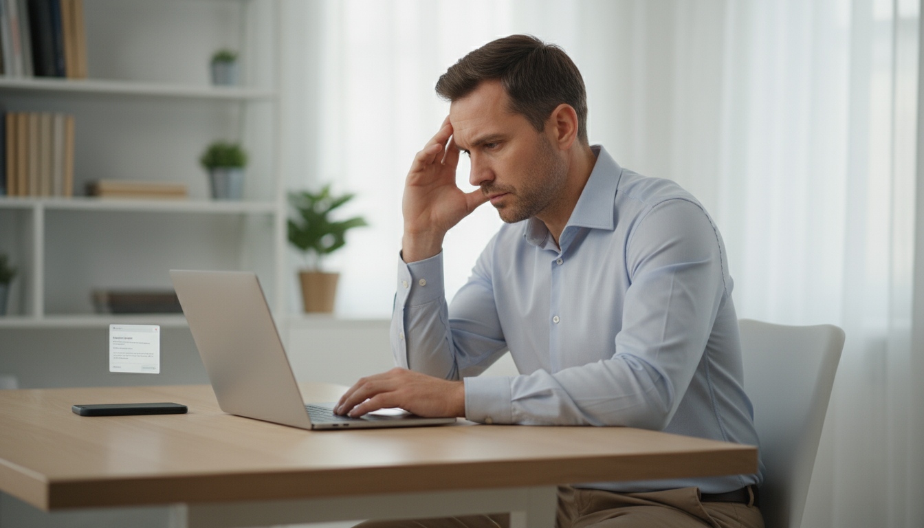 Man at a modern desk, eyes darting between laptop, tablet, and papers, reflecting multitasking strain and cognitive overload.