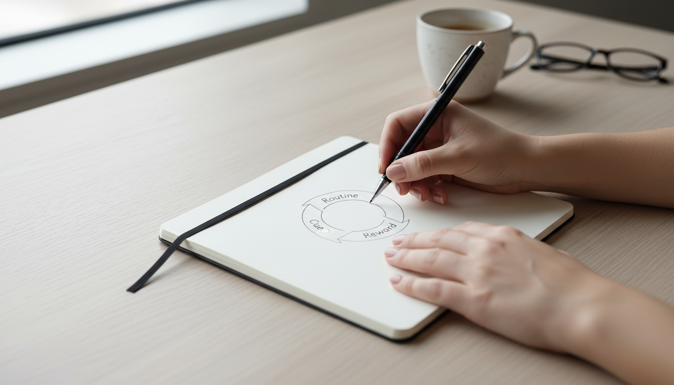 A professional calmly checking a banking app on their phone at a neat, sunlit desk, embodying a brief, consistent financial habit.