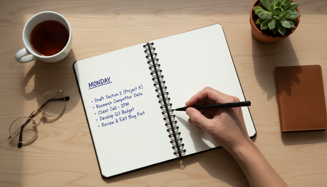 Overhead view of a planner with a hand holding a pen poised over detailed daily tasks like 'Draft Section 1' and 'Research Competitor Data' for a proj