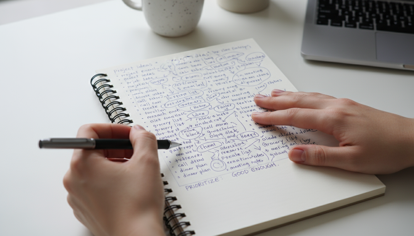 A knowledge worker sits at a clean desk, staring blankly past a laptop and notebook, their mind visibly distracted and overwhelmed.
