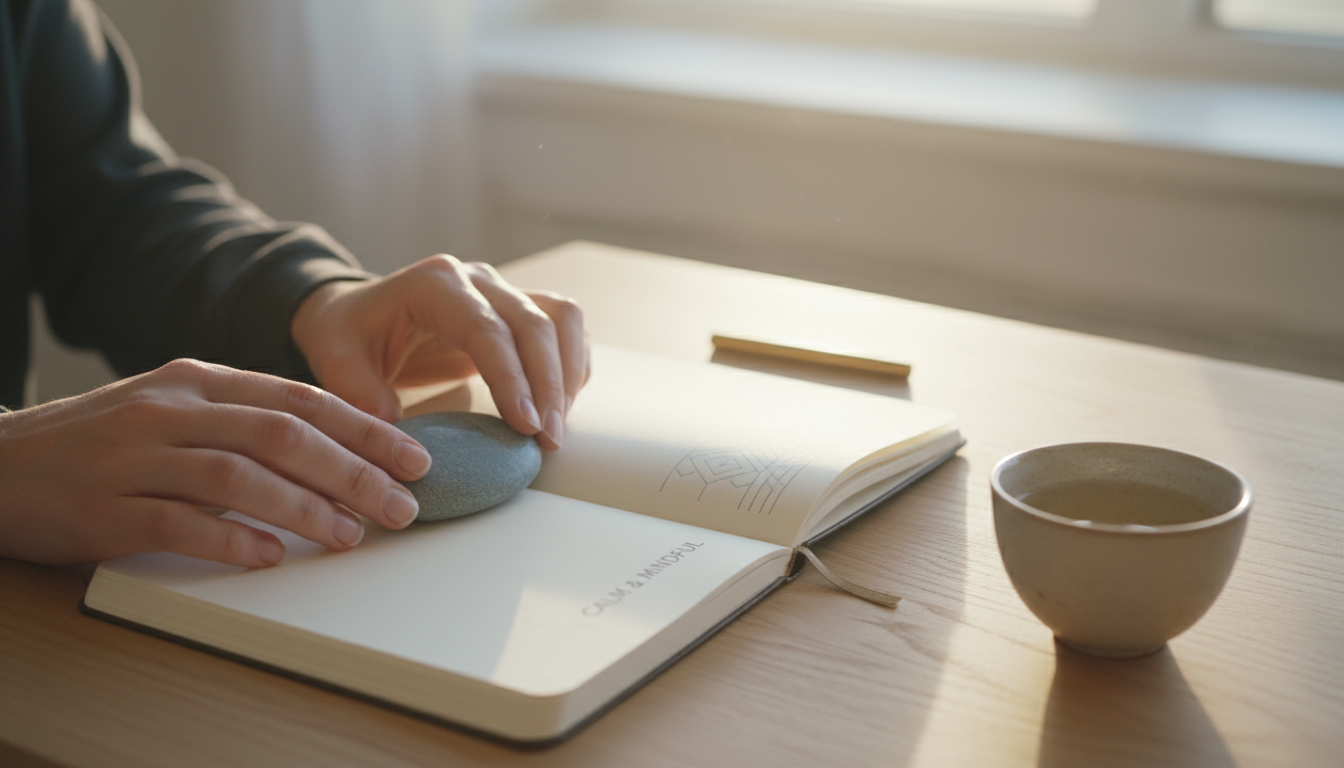 Person thoughtfully annotates a hand-drawn habit loop diagram in a notebook, with three everyday objects arranged beside it on a minimalist desk, bath
