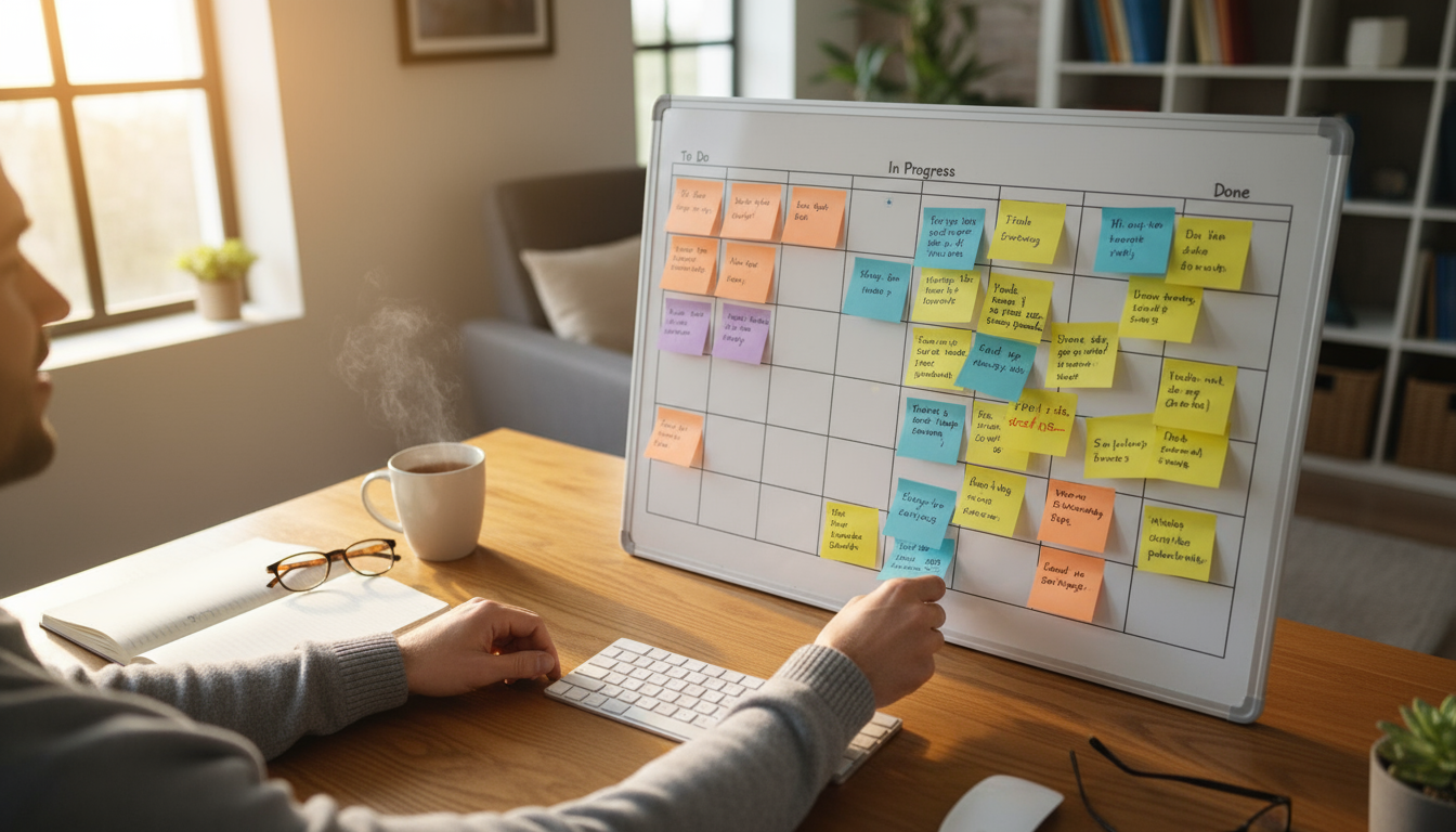 A professional woman doing a weekly review, reflecting over a wall-mounted physical Kanban board with filled 'Done' and 'Blocked' columns, in a clean,