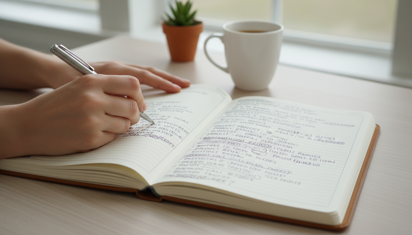 Open paper planner on a minimalist light wood desk, showing a 'Deep Work: Draft Quarterly Report' block scheduled for Tuesday morning. A hand rests a