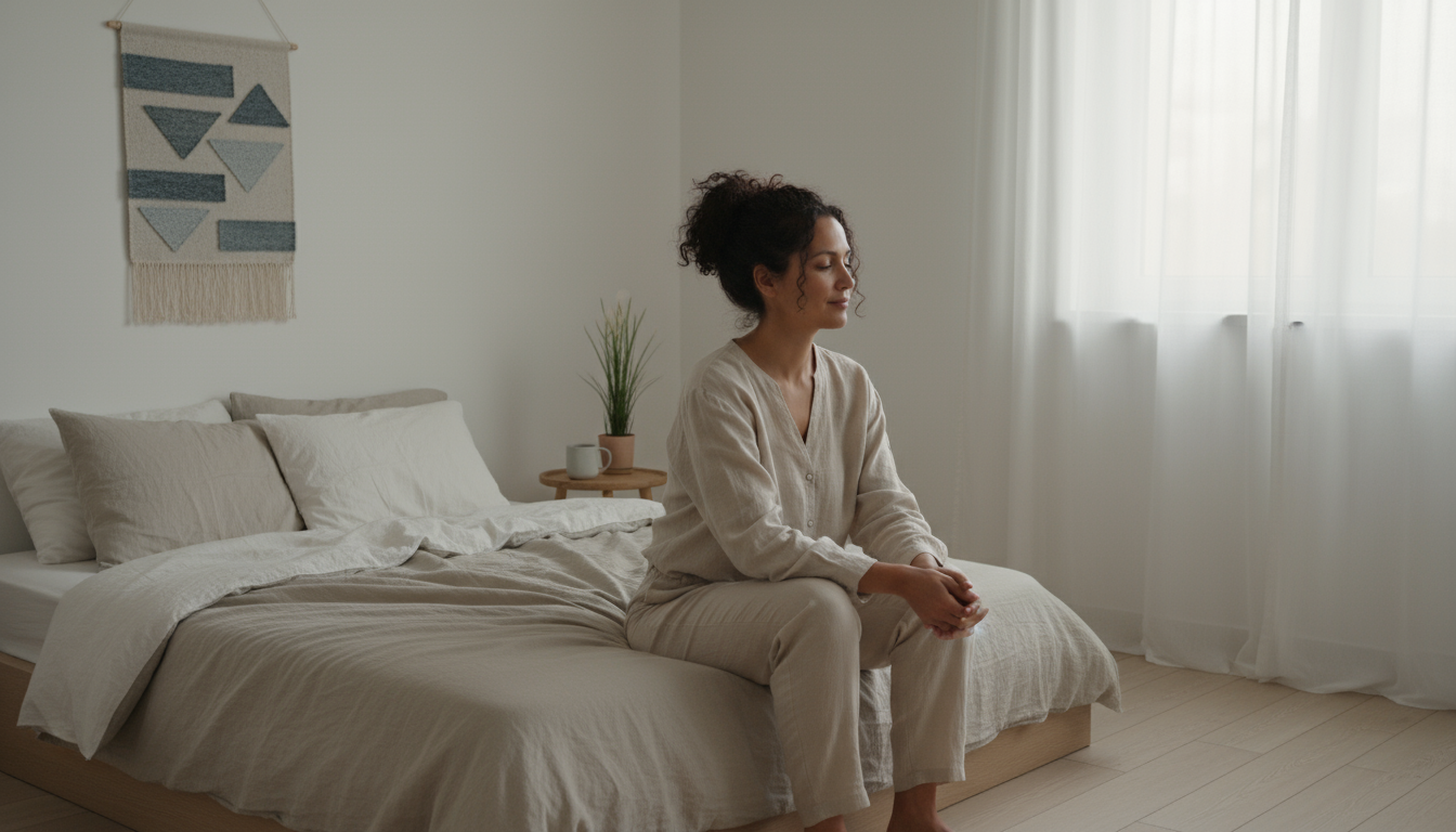 A bright, modern home corner featuring a closed laptop on a desk and a book/journal on a nearby armchair, demonstrating deliberate environmental cues.