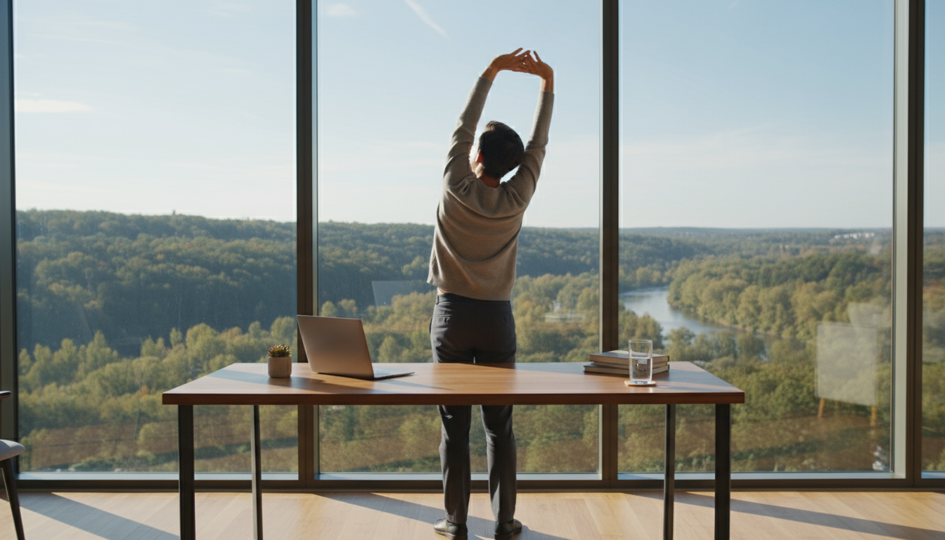 Organized home office desk with a laptop displaying a task, open planner, water bottle, and smartphone charging away from the main work area.