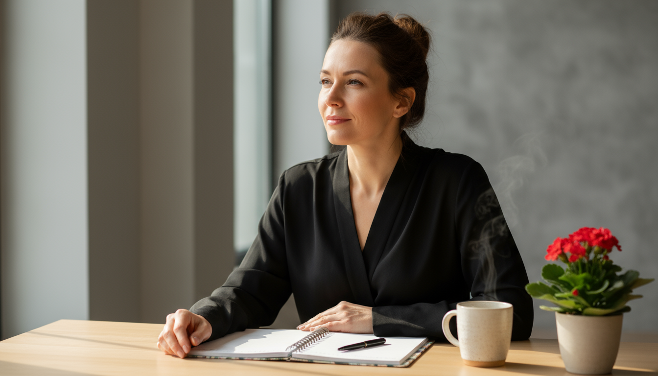 A meticulously organized desk with a laptop displaying competitor analysis, an open notebook with handwritten market research notes, and an ergonomic