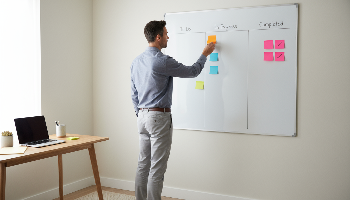 A digital Kanban board on a monitor in a clean, modern workspace, showing tasks in 'Backlog', 'In Progress', and 'Done' columns, with a hand poised to