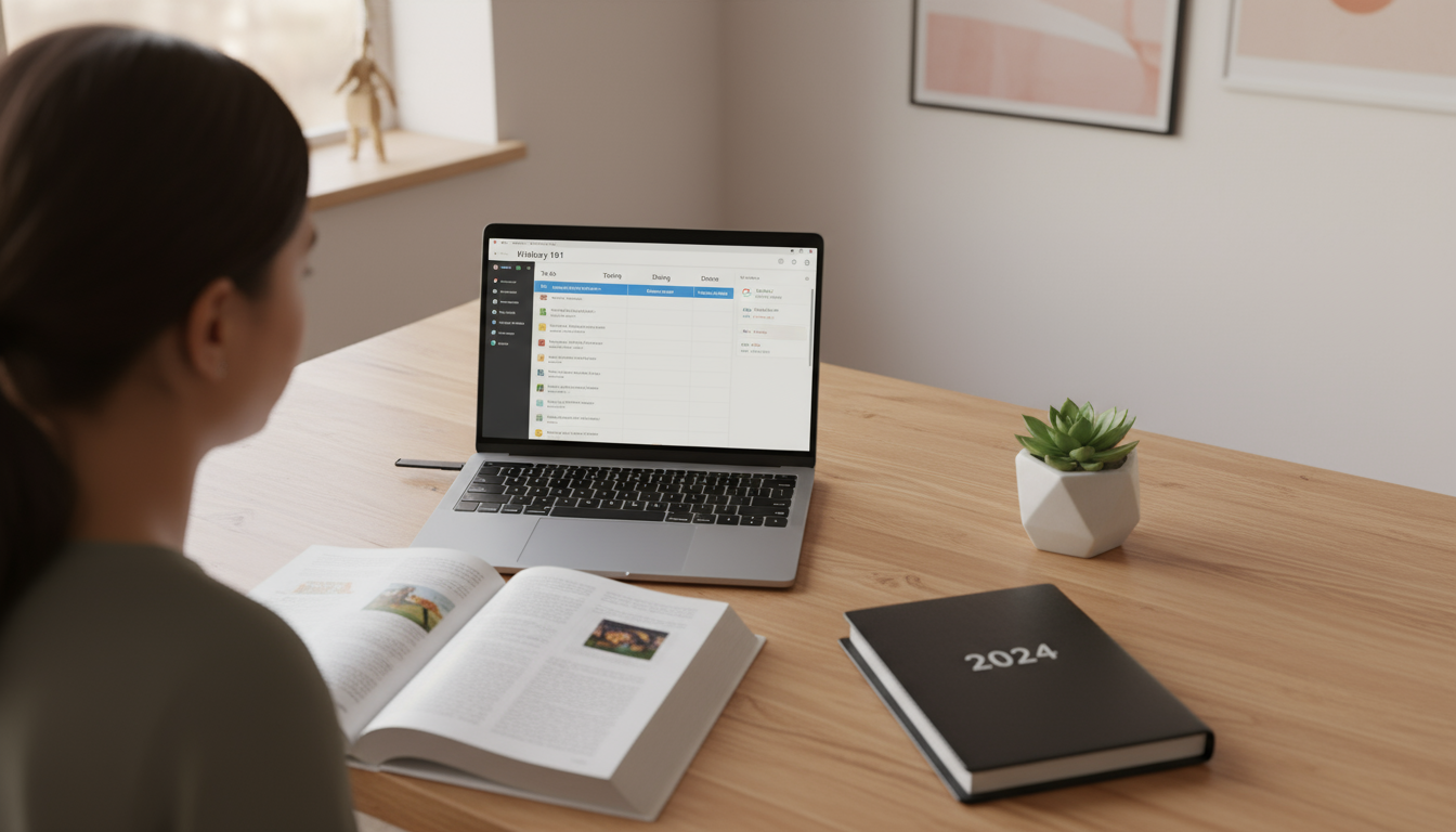 A knowledge worker's hand interacts with a colorful Trello board on a laptop screen, set on a bright, minimalist desk.