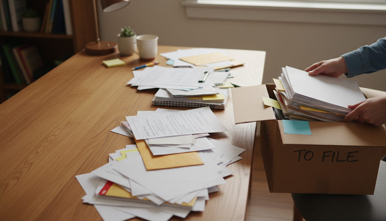 A hand places a permission slip into a wall-mounted file system in a clean kitchen. Slots are labeled 'Inbox' and 'Action Required'.