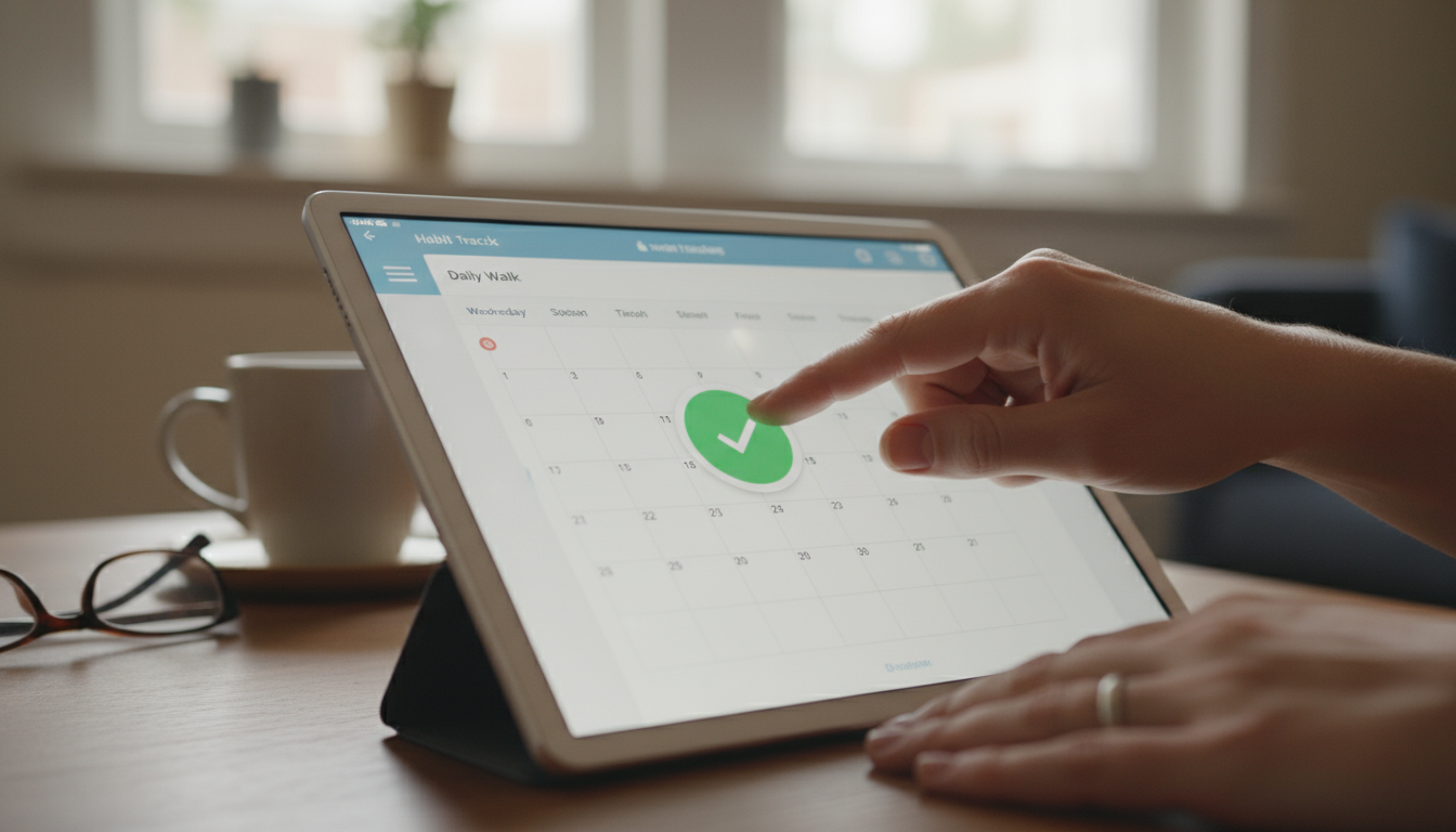 A focused professional writing in a journal at a modern, organized desk, with a stack of identical completed journals beside them, symbolizing consist