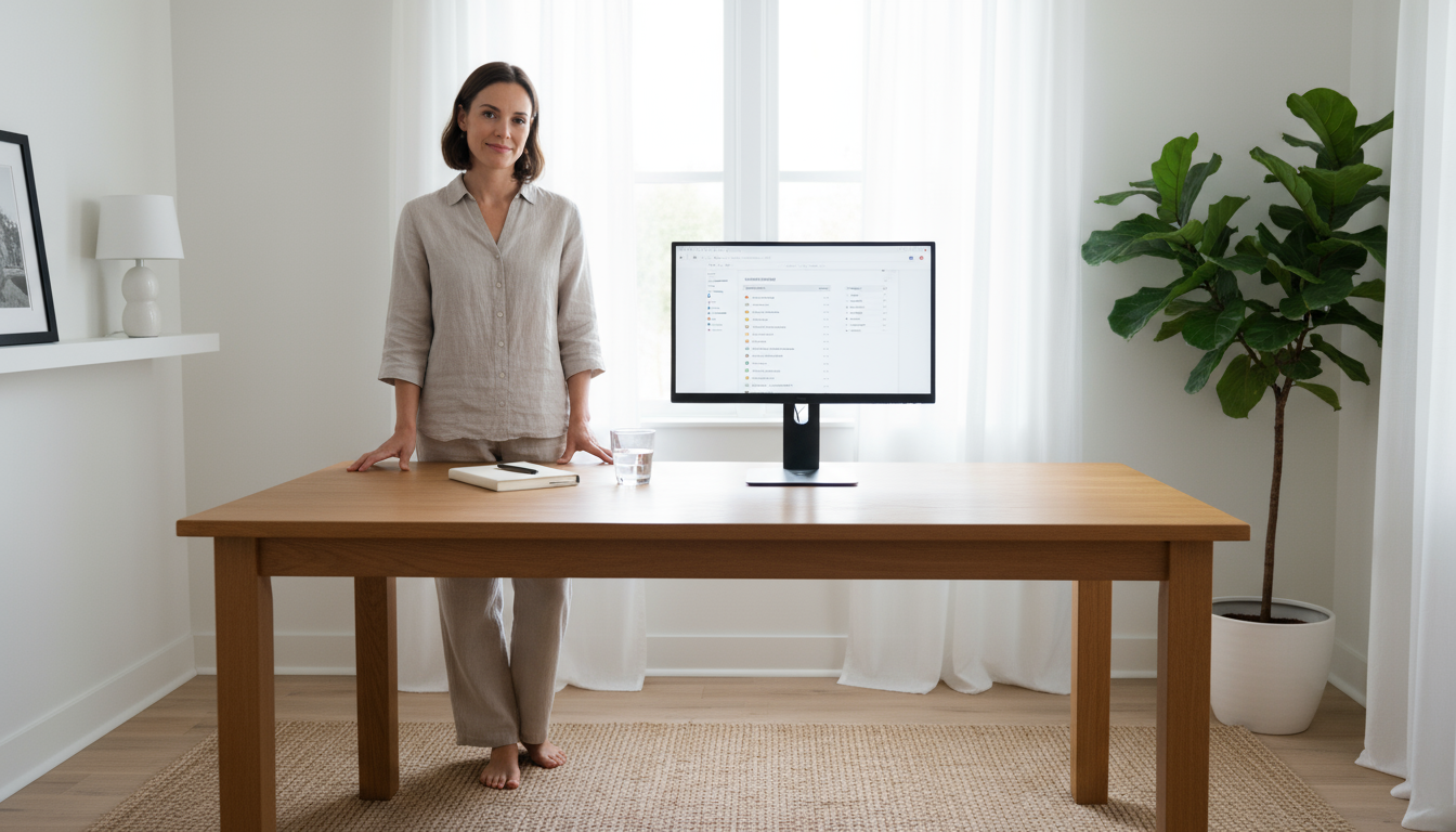 A calm professional stands by a minimalist, light wood desk with a glass of water and journal, a tidy email inbox displayed on the monitor.