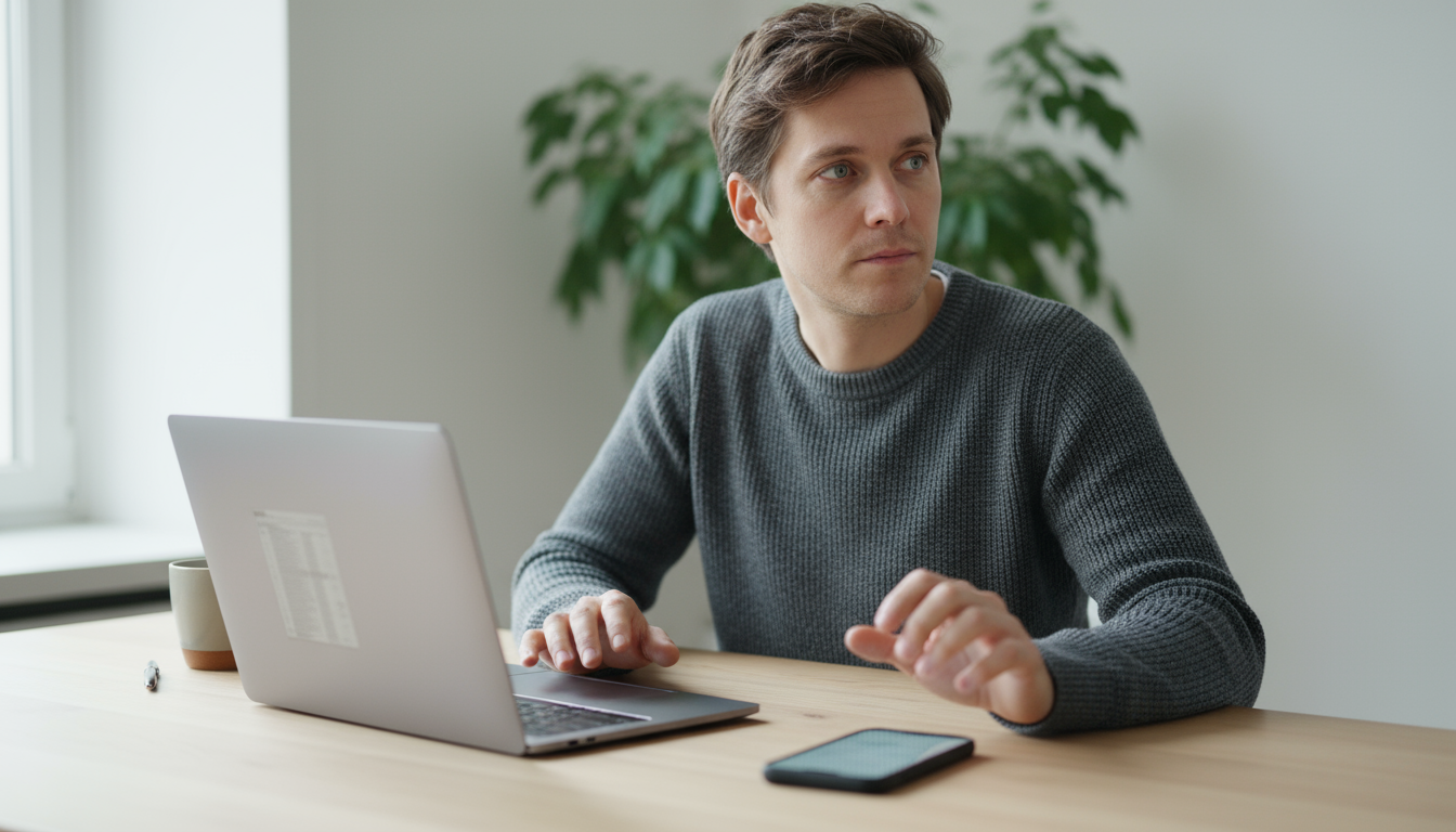A person chops vegetables in a bright, minimalist kitchen with their smartphone propped on the counter showing a recipe or podcast.