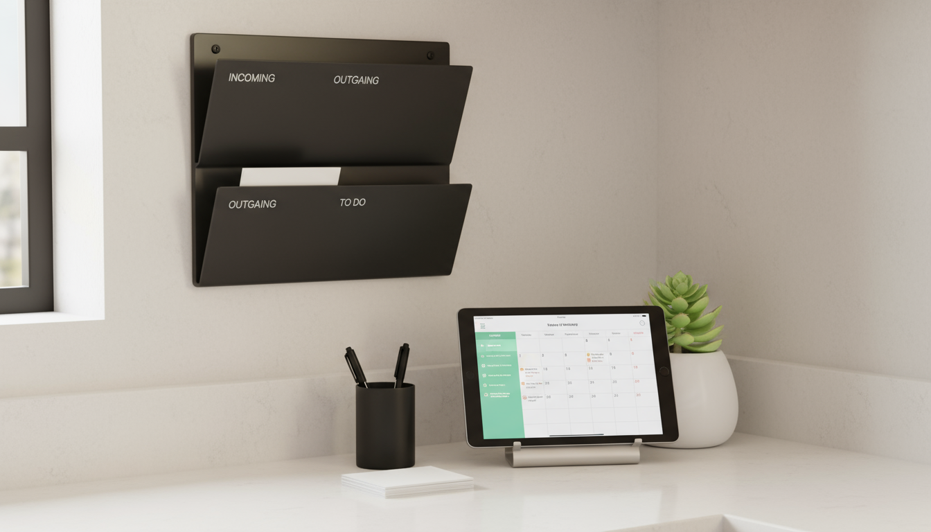 Minimalist home office desk (deep work zone) with a laptop and notebook, and a neat wall shelf (reference zone) with binders and a plant.