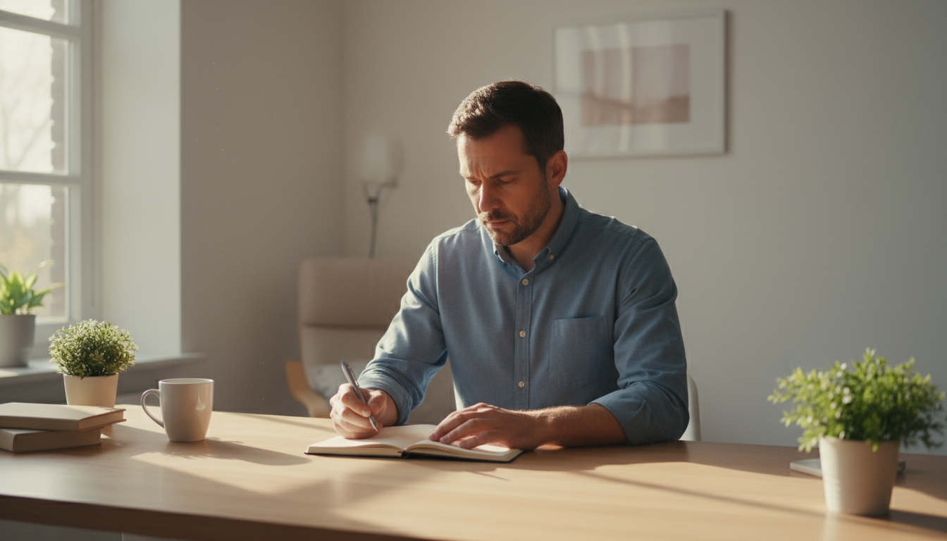 A bright, modern living room with an acoustic guitar on a stand and a water bottle on a coffee table, a person casually walks through the scene.