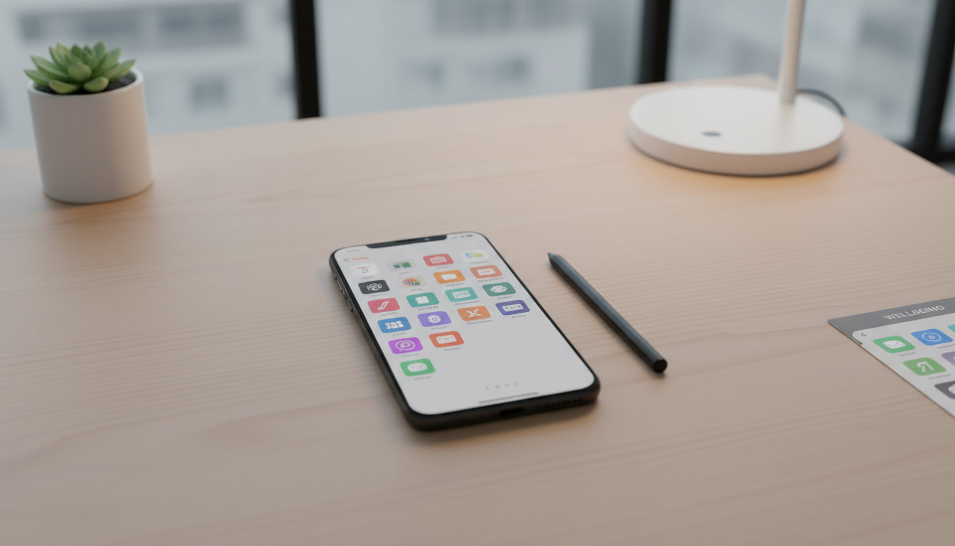 Person at bright kitchen island with laptop showing running shoes. Analog timer counts down while hand reaches for sunglasses, transitioning from scre