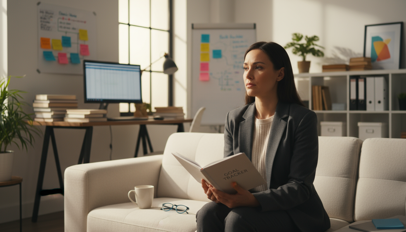 Professional's hands logging data on a tablet, with healthy snacks and running shoes in soft focus, representing leading and lagging indicators.