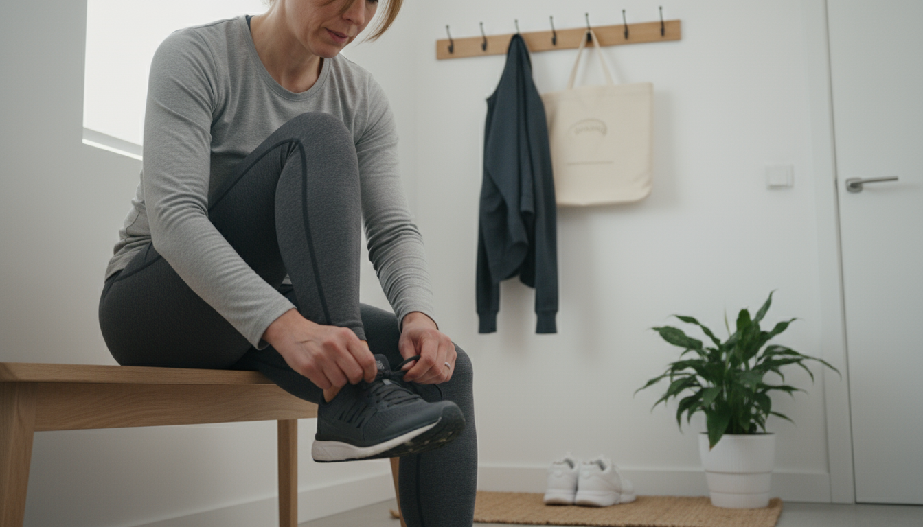 Person's hands holding a smartphone displaying a text message draft, with a physical habit tracker notebook visible on a light desk.