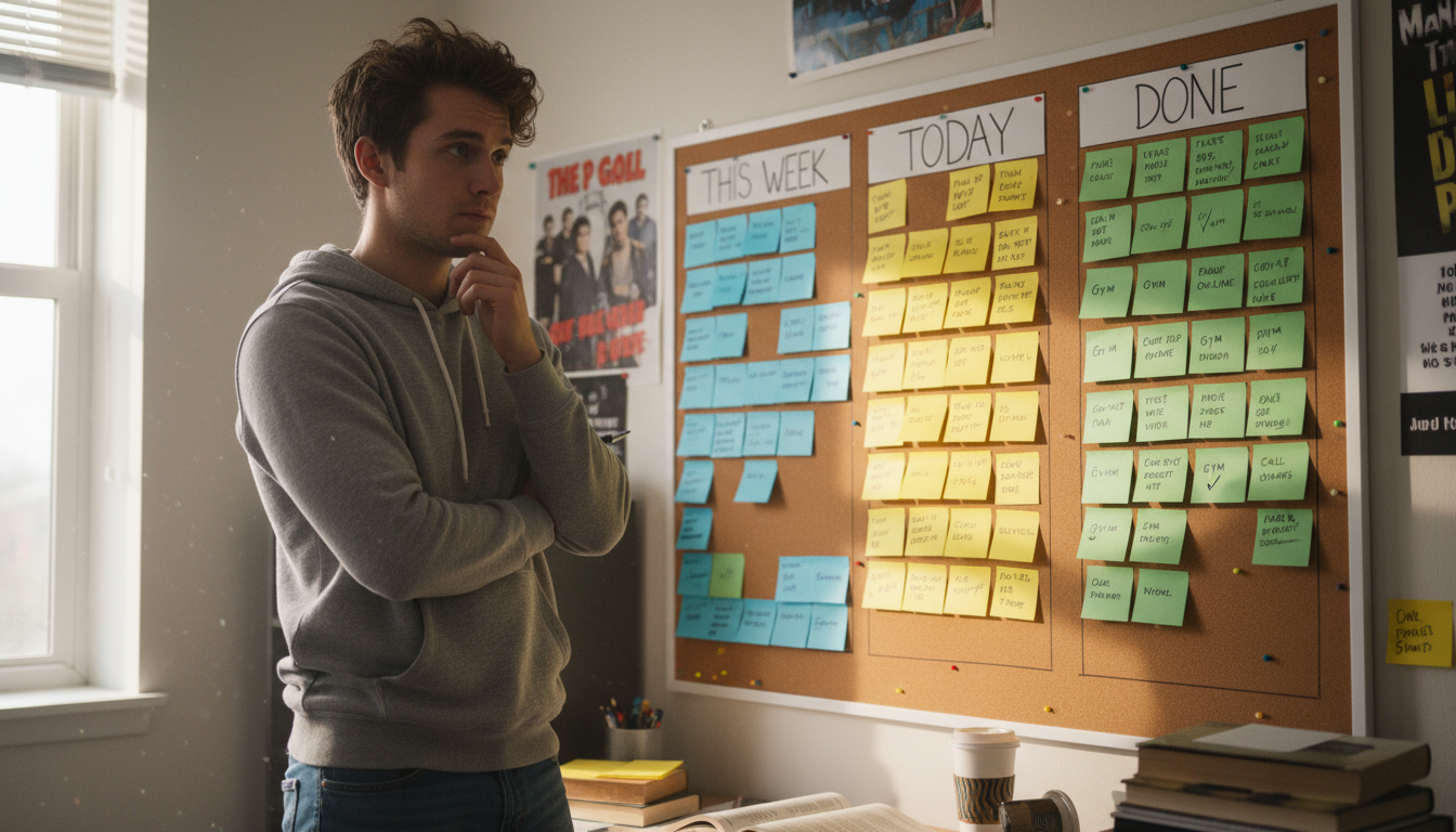 A hand places an urgent task sticky note onto a physical Kanban board's 'Expedite' lane on a clean home office desk.