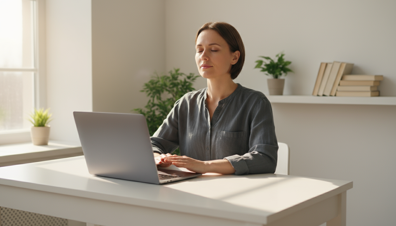 Professional woman calmly looks out a window, taking a screen-free break in her minimalist home office, away from her closed laptop and phone.