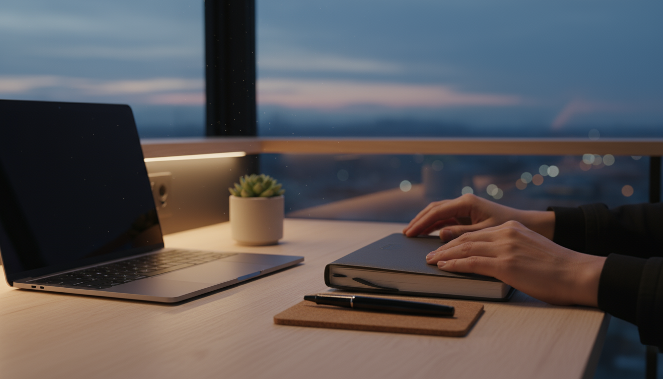Person stands up from a minimalist desk, reaching for a glass of water. A digital timer shows '00:00' and no phone is visible.