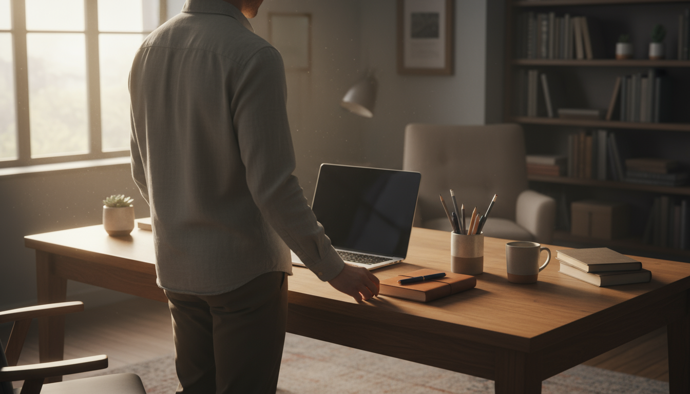 A person wiping down a clean kitchen counter in a warm, tidy kitchen at dusk, with the next day's outfit neatly placed on a chair in the background.