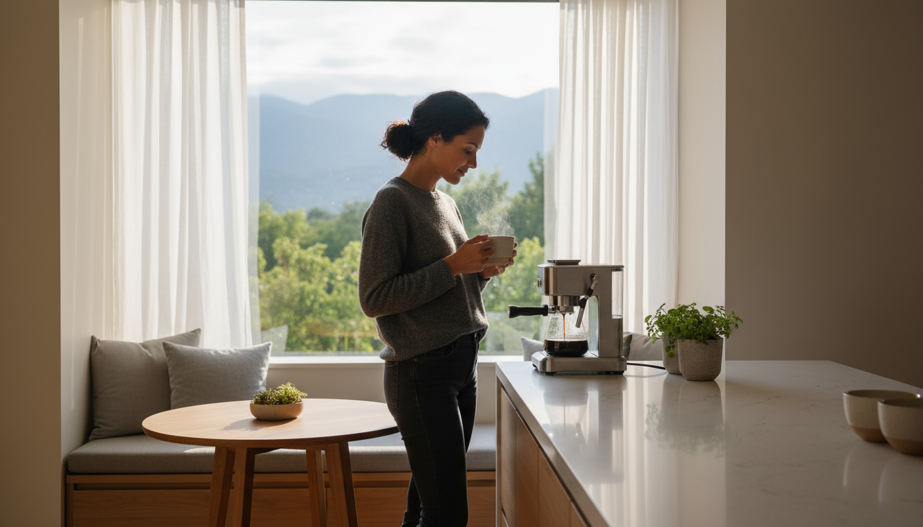 A person's hand places a yellow sticky note with 'RESET' onto a clean notebook on an organized desk with a closed laptop and plant.