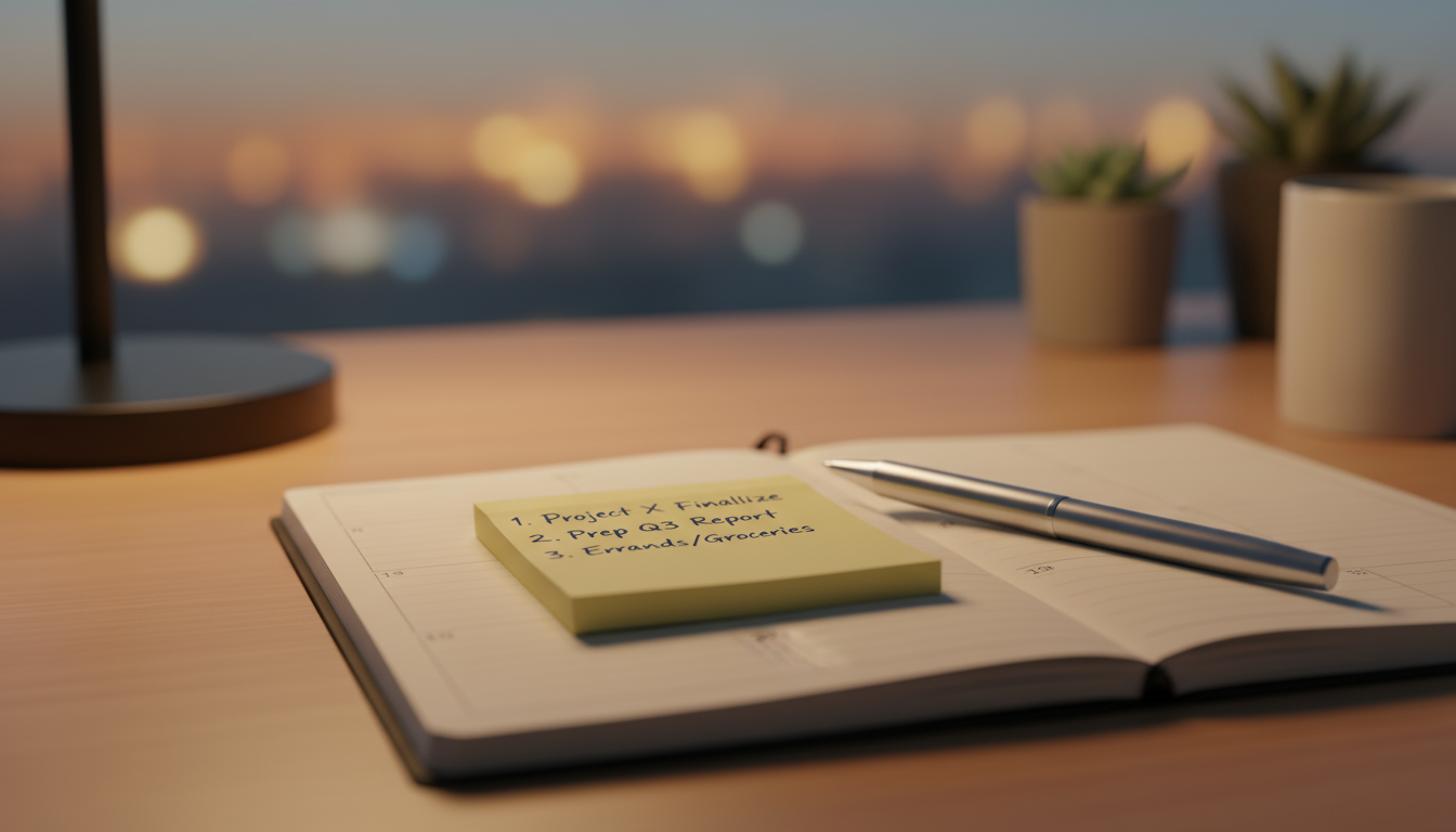 A professional's hands tidying a minimalist, sunlit desk with a cloth and decluttering a monitor at the end of a workday.
