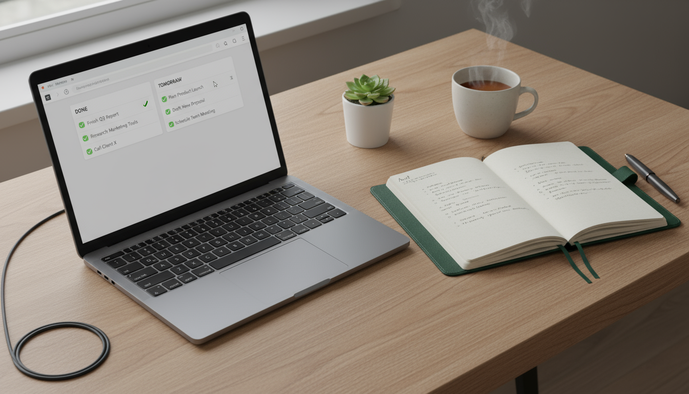 Elevated view of a minimalist desk with a laptop displaying a task management app and an open notebook, signifying a workday shutdown ritual.