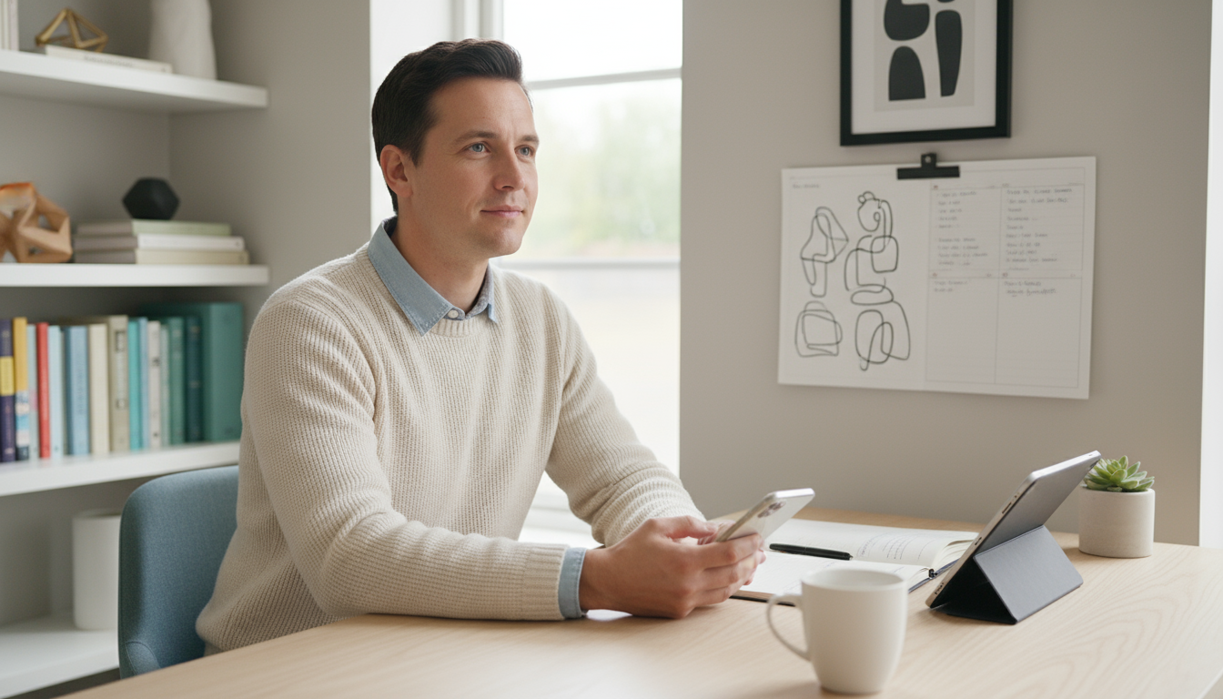 Two professionals in a bright, modern office engaged in a calm, understanding conversation, with a phone face-down on a nearby desk.