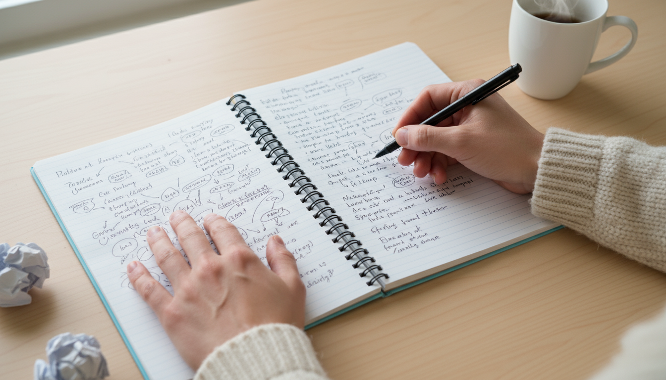A woman stands and stretches at her minimalist, organized home office desk, looking out a window during a natural break.