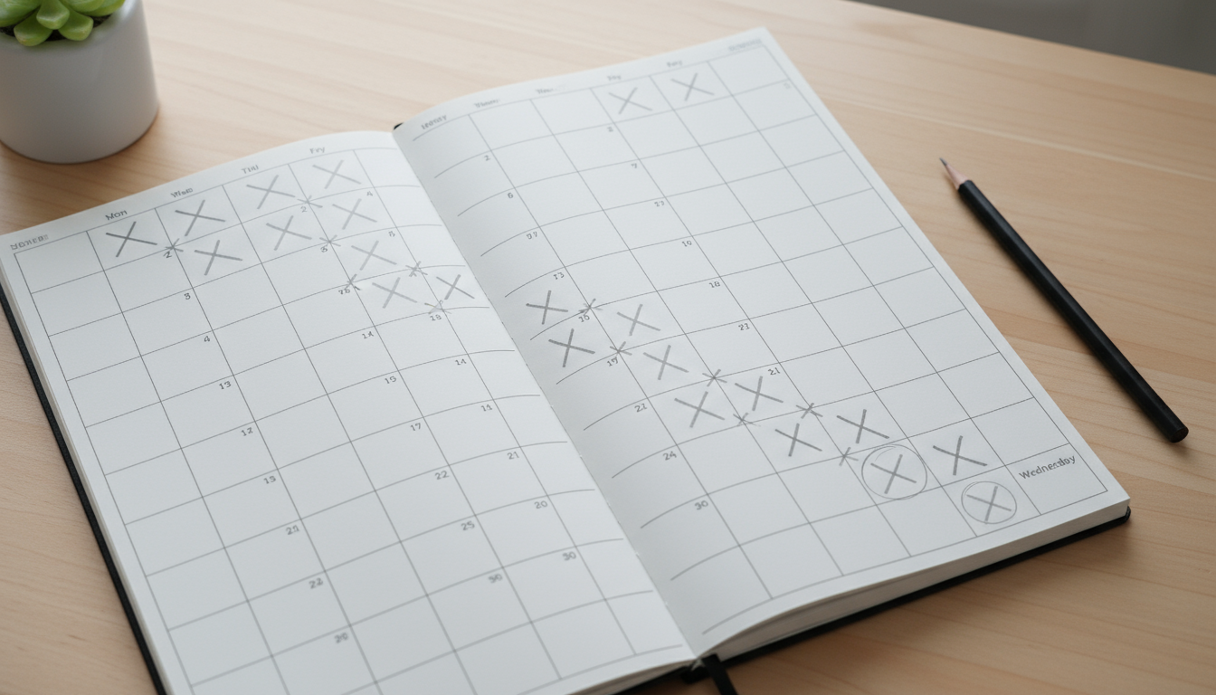A knowledge worker thoughtfully marks an 'X' on a wall-mounted habit tracker in a soft, naturally lit home office, showing gentle accountability.