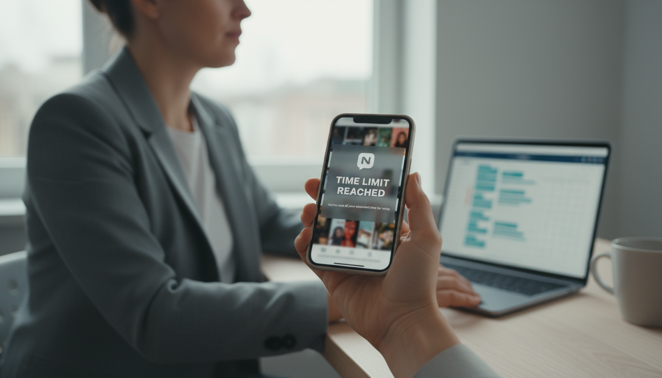 Knowledge worker at a bright, minimalist desk with laptop, phone, and second monitor, showing subtle signs of digital cognitive overload.