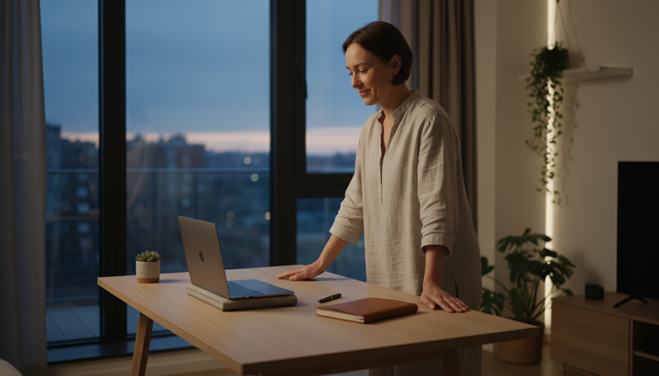 A person places their smartphone into a desk drawer, their eyes fixed on a laptop screen showing a single work document, symbolizing the act of removi