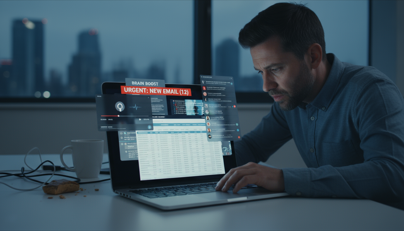A woman stands with her back to the camera, gazing calmly out a large window at a distant city skyline in a bright, modern office.
