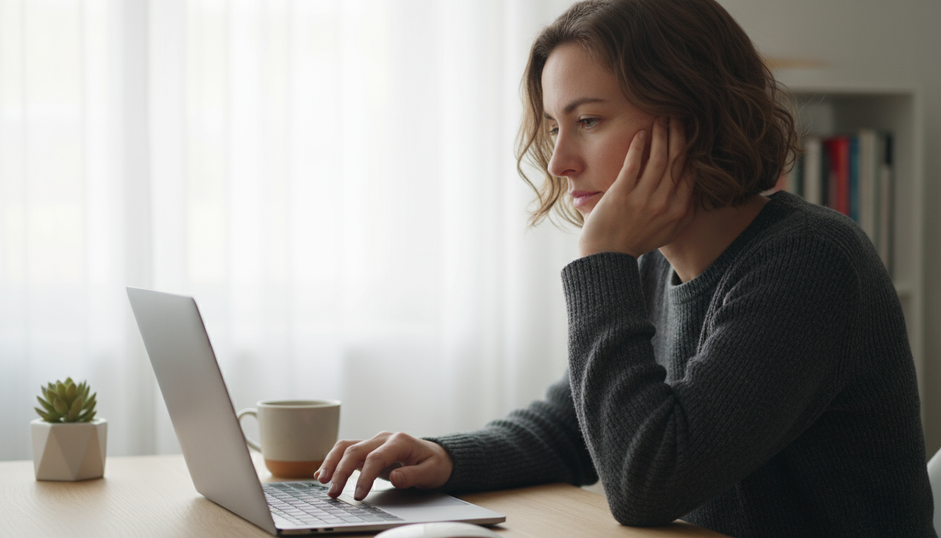 A person stretches after focused work at a desk, looking towards a window, with a comfortable armchair in a minimalist home office.