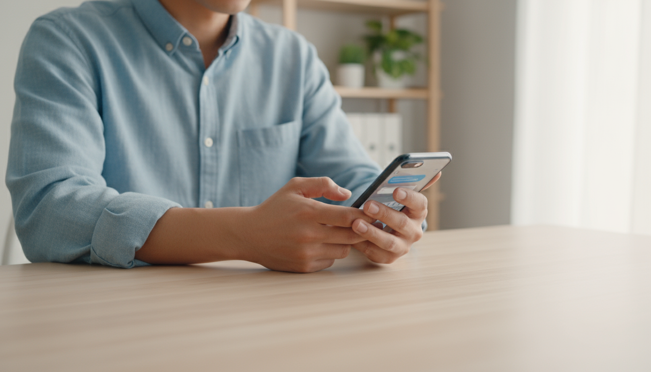 A person in a minimalist home office, gently touching their forearm, with an understanding expression, after reflecting on a missed goal.