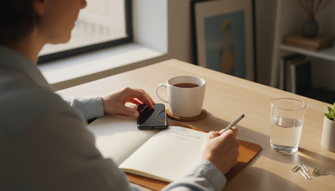A person with noise-canceling headphones works intently on a laptop at a home desk, with subtle signs of a busy household in the background.