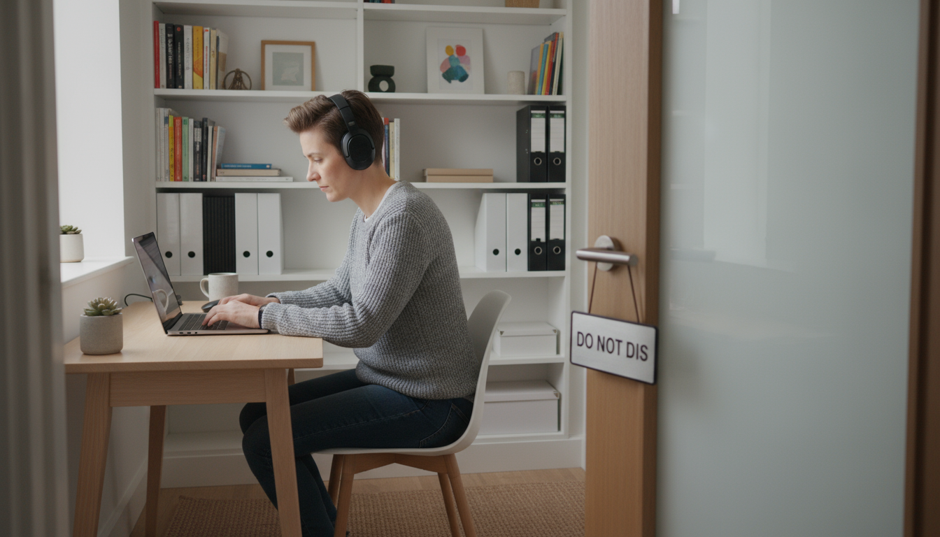 Knowledge worker taking a mindful break from their desk, holding a warm mug and looking out a window in a minimalist home office.