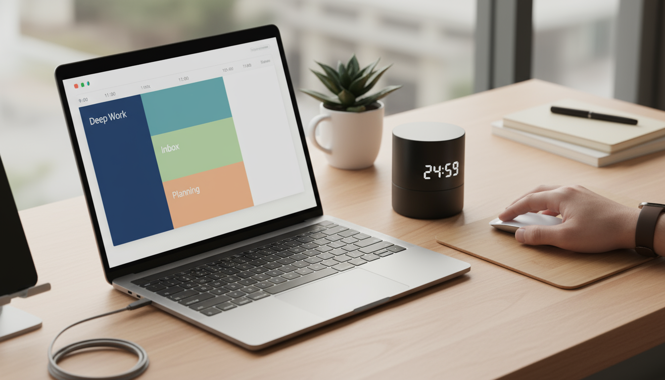 A focused woman, Maria, reviewing expense reports on a laptop at a minimalist office desk with natural light.
