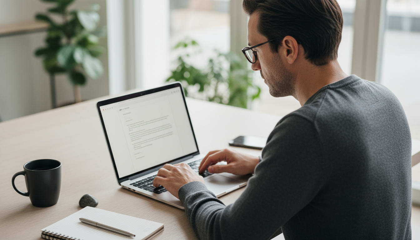 A man in a modern kitchen tries to watch a training video on a laptop while unloading a dishwasher, looking overwhelmed by a busy home environment.