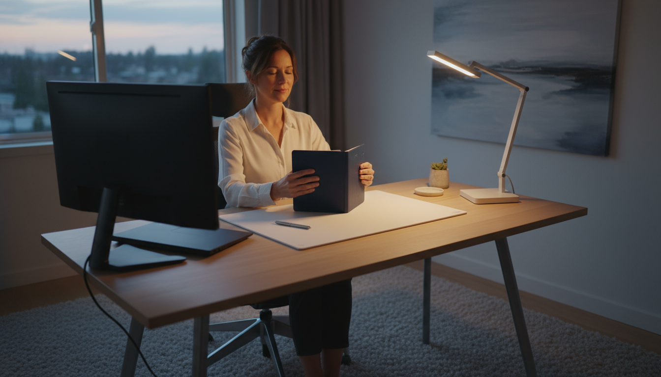 A woman in a calm home office begins to stand from her desk, looking reflectively away, initiating a planned reset after derailment.