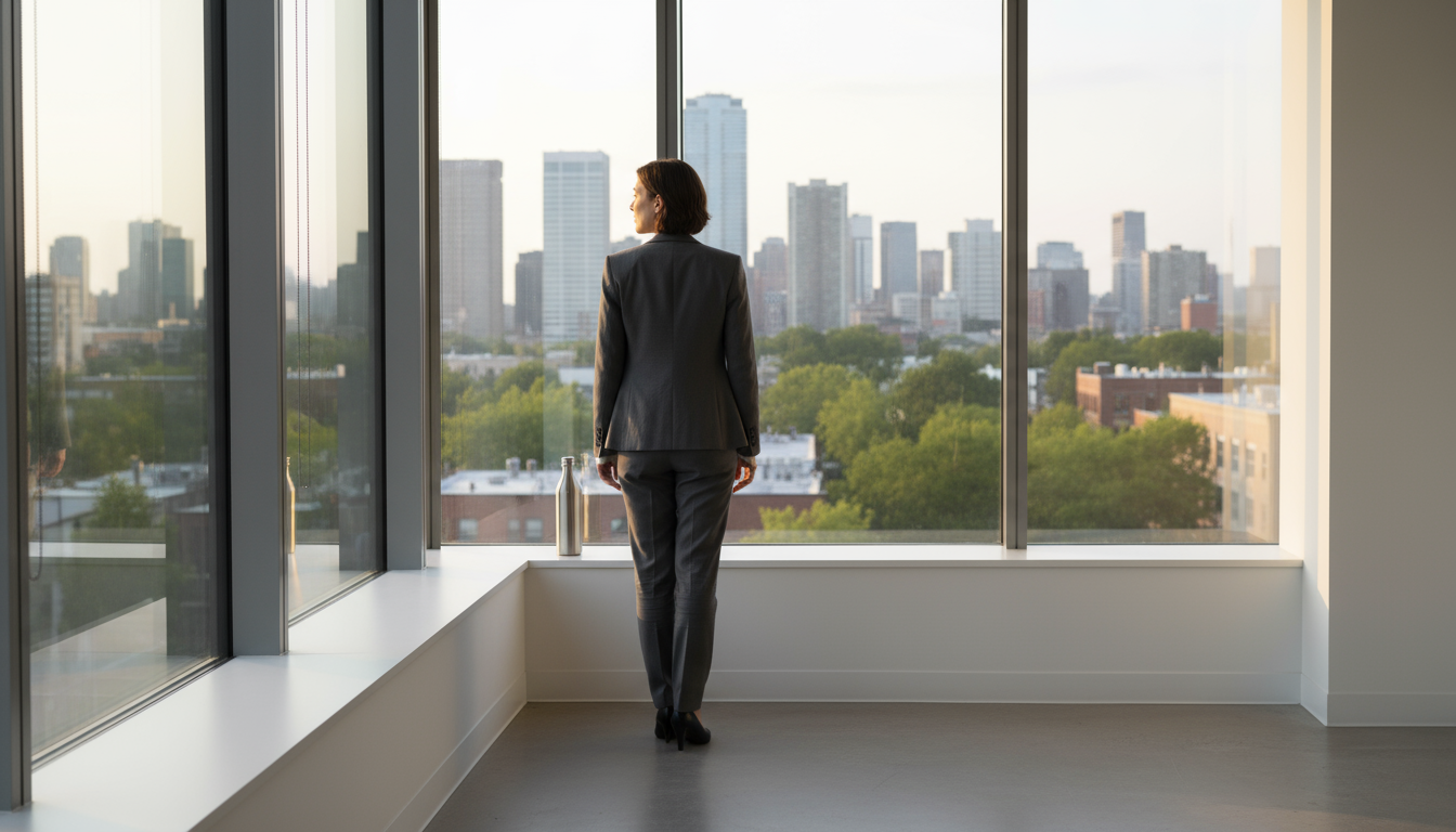 A knowledge worker puts on noise-canceling headphones at a clean, minimalist desk, ready for deep work, with a laptop and glass of water.