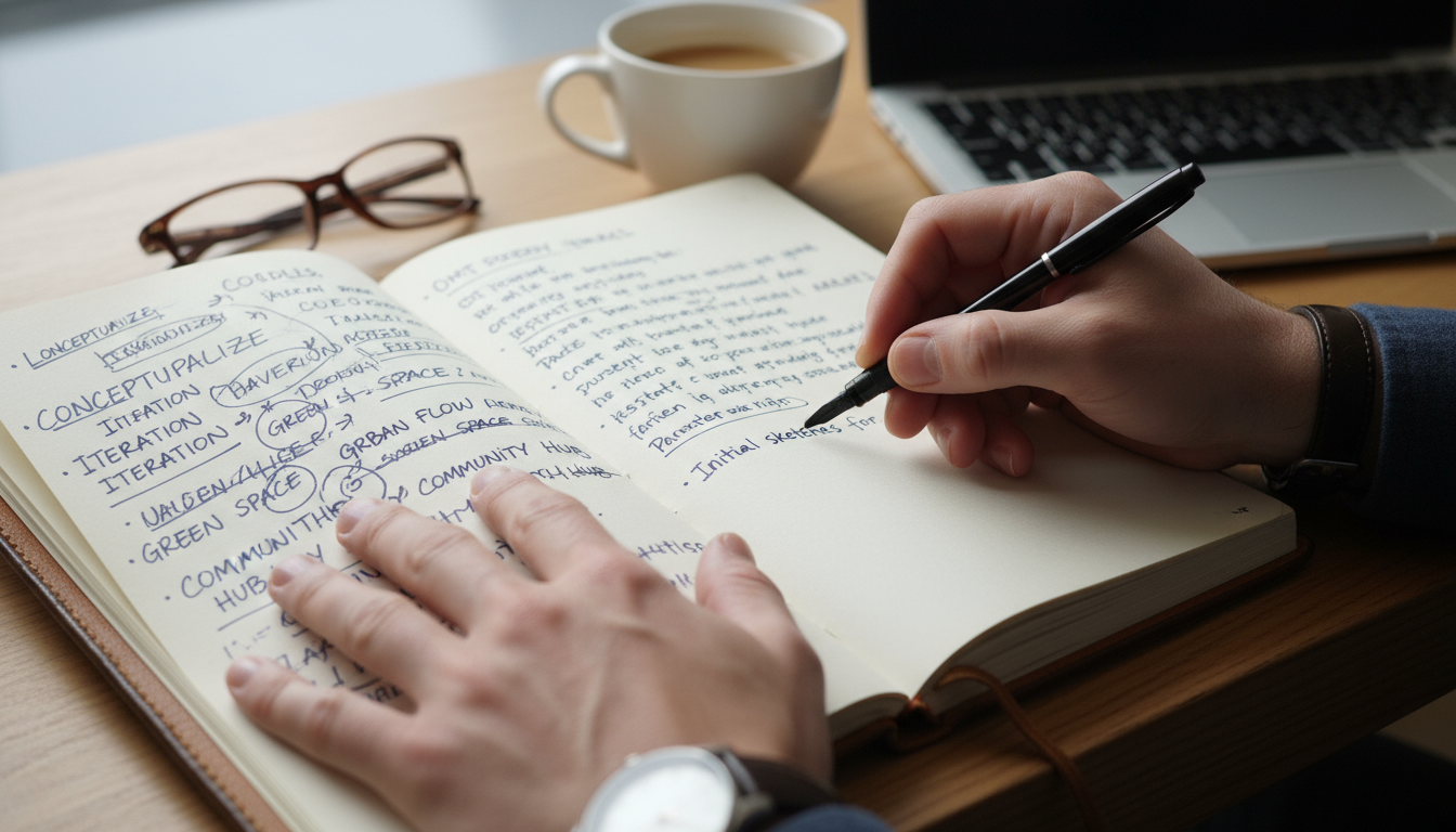Professional paused at a desk with many browser tabs, notebook, and coffee, indicating mental saturation.